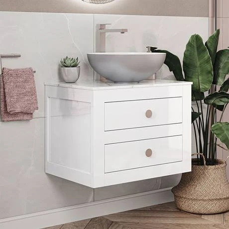 Crosswater Canvass White Gloss 600mm Double Drawer Unit with Carrara Marble Effect Worktop - Wall Hung Vanity Unit 3 Crosswater Canvass White Gloss 600mm Double Drawer Unit with Carrara Marble Effect Worktop - Wall Hung Vanity Unit - Image 3