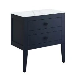Crosswater Canvass Deep Indigo Blue 700mm Double Drawer Wall-Hung Vanity Unit with Carrara Marble Effect Worktop