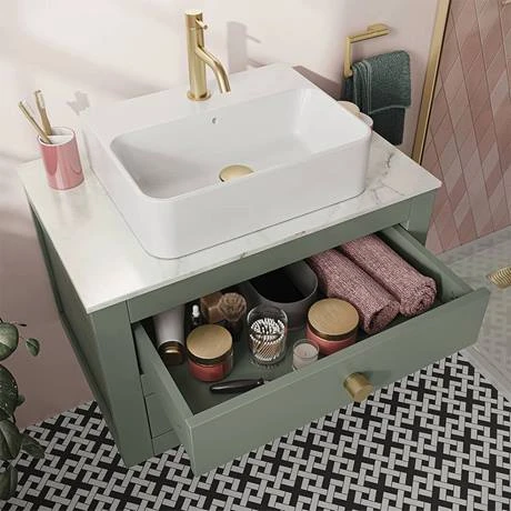 Crosswater Canvass Sage Green 700mm Double Drawer Unit with Carrara Marble Effect Worktop - Wall Hung Vanity Unit 4 Crosswater Canvass Sage Green 700mm Double Drawer Unit with Carrara Marble Effect Worktop - Wall Hung Vanity Unit - Image 4