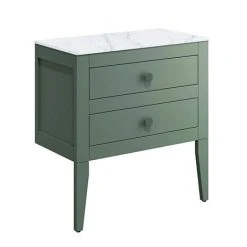 Crosswater Canvass Sage Green 700mm Double Drawer Unit with Carrara Marble Effect Worktop - Wall Hung Vanity Unit