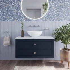 Crosswater Canvass Deep Indigo Blue 900mm Double Drawer Unit with Carrara Marble Effect Worktop - Wall Hung Vanity Unit -Vanity Units Shop CV900WLIB D3 460
