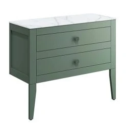 Crosswater Canvass Sage Green 900mm Double Drawer Unit with Carrara Marble Effect Worktop | Wall Hung Vanity Unit