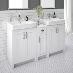Vanity Units Shop 28 Chatsworth Traditional White Double Basin Vanity + Cupboard Combination Unit | Elegant Bathroom Furniture Pack