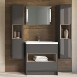 Hudson Reed Coast 600mm Freestanding Vanity Unit with 2 Drawers, Open Shelf & Basin - Grey Gloss & Driftwood -Vanity Units Shop Coast 600mm Floorstanding 2 Drawer Vanity Unit with Open Shelf and Basin d2 460