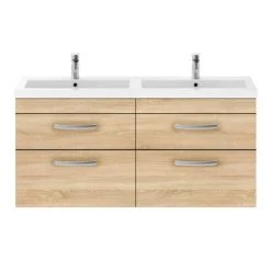 Brooklyn 1205mm Natural Oak Wall Hung Double Basin Vanity Unit - Modern Bathroom Storage Solution -Vanity Units Shop DBWH12OK d4 460