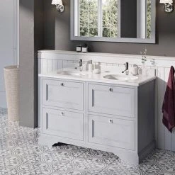 Burlington 130 4-Drawer Vanity Unit & Minerva Worktop with Double Basin - Classic Grey | Double Sink Bathroom Vanity -Vanity Units Shop FC10G BC12 D3 460