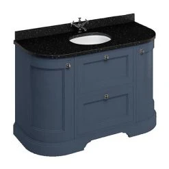 Burlington 134 2-Door/Drawer Curved Vanity Unit with Minerva Black Granite Worktop & Basin in Blue | Freestanding Vanity