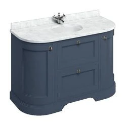 Burlington 134 2-Door/Drawer Curved Vanity Unit with Minerva Carrara White Worktop & Basin - Blue | Freestanding Bathroom Storage
