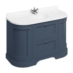 Burlington 134 2-Door/Drawer Curved Vanity Unit & Minerva White Worktop with Basin - Blue | Freestanding Vanity Unit