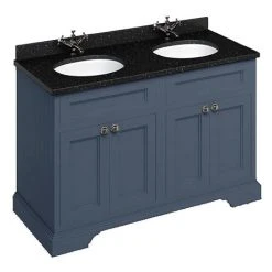 Burlington 130 4-Door Vanity Unit & Minerva Black Granite Worktop with Double Basin - Blue | Stylish Double Sink Bathroom Furniture