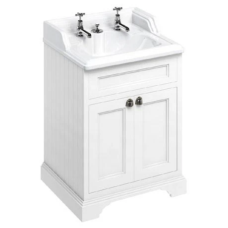 Burlington 65 2-Door Freestanding Vanity Unit with Classic Invisible Overflow/Waste Basin - Matt White, 2 Tap Hole 1 Burlington 65 2-Door Freestanding Vanity Unit with Classic Invisible Overflow/Waste Basin - Matt White, 2 Tap Hole