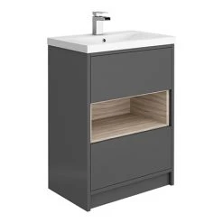 Haywood 600mm Gloss Grey / Driftwood 2 Drawer Freestanding Vanity Unit with Ceramic Basin & Open Shelf