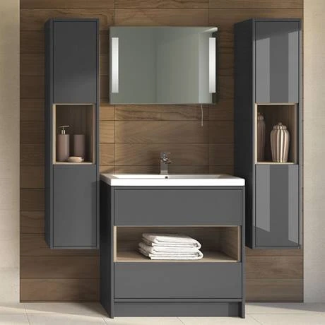 Haywood 800mm Gloss Grey / Driftwood 2 Drawer Vanity Unit with Open Shelf & Ceramic Basin | Victorian Plumbing 3 Haywood 800mm Gloss Grey / Driftwood 2 Drawer Vanity Unit with Open Shelf & Ceramic Basin | Victorian Plumbing - Image 3