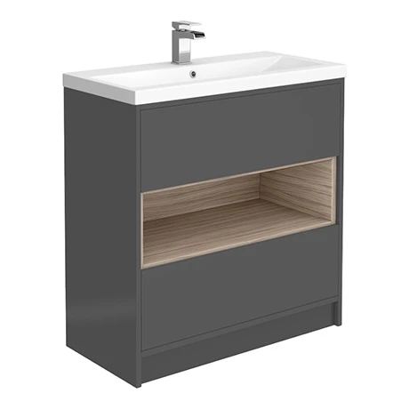 Haywood 800mm Gloss Grey / Driftwood 2 Drawer Vanity Unit with Open Shelf & Ceramic Basin | Victorian Plumbing 1 Haywood 800mm Gloss Grey / Driftwood 2 Drawer Vanity Unit with Open Shelf & Ceramic Basin | Victorian Plumbing