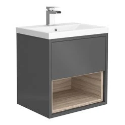 Haywood 500mm Gloss Grey / Driftwood Wall Hung Vanity Unit with Open Shelf & Ceramic Basin