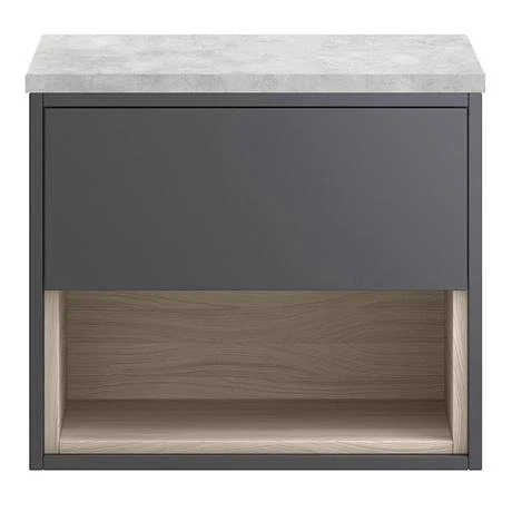 Haywood Gloss Grey / Driftwood Wall Hung Vanity with Bellato Grey Worktop - 600mm w. Open Shelf 2 Haywood Gloss Grey / Driftwood Wall Hung Vanity with Bellato Grey Worktop - 600mm w. Open Shelf - Image 2