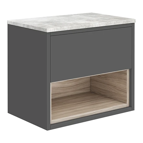 Haywood Gloss Grey / Driftwood Wall Hung Vanity with Bellato Grey Worktop - 600mm w. Open Shelf 1 Haywood Gloss Grey / Driftwood Wall Hung Vanity with Bellato Grey Worktop - 600mm w. Open Shelf