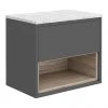 Haywood Gloss Grey & Driftwood Wall Hung Vanity Unit - 600mm with Open Shelf & White Worktop