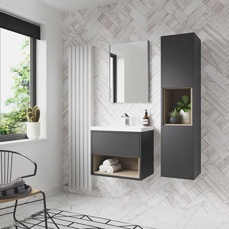 Haywood 600mm Gloss Grey & Driftwood Wall Hung Vanity Unit with Open Shelf & Ceramic Basin | Victorian Plumbing 3 Haywood 600mm Gloss Grey & Driftwood Wall Hung Vanity Unit with Open Shelf & Ceramic Basin | Victorian Plumbing - Image 3