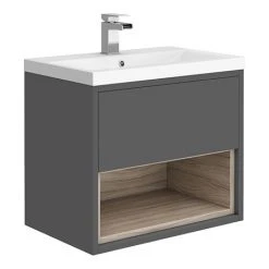 Haywood 600mm Gloss Grey & Driftwood Wall Hung Vanity Unit with Open Shelf & Ceramic Basin | Victorian Plumbing