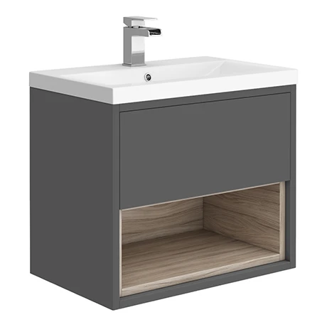 Haywood 600mm Gloss Grey & Driftwood Wall Hung Vanity Unit with Open Shelf & Ceramic Basin | Victorian Plumbing 1 Haywood 600mm Gloss Grey & Driftwood Wall Hung Vanity Unit with Open Shelf & Ceramic Basin | Victorian Plumbing