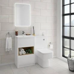 Haywood 500mm Gloss White & Natural Oak 2 Drawer Vanity Unit with Open Shelf & Ceramic Basin - Freestanding Bathroom Furniture 5 Haywood 500mm Gloss White & Natural Oak 2 Drawer Vanity Unit with Open Shelf & Ceramic Basin - Freestanding Bathroom Furniture -Vanity Units Shop HYWFS5 detail2 460