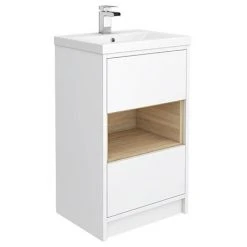 Haywood 500mm Gloss White & Natural Oak 2 Drawer Vanity Unit with Open Shelf & Ceramic Basin - Freestanding Bathroom Furniture