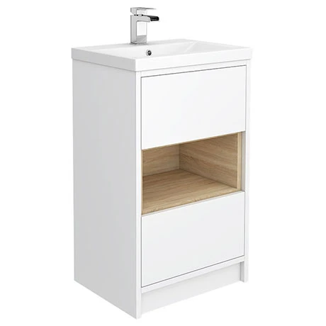 Haywood 500mm Gloss White & Natural Oak 2 Drawer Vanity Unit with Open Shelf & Ceramic Basin - Freestanding Bathroom Furniture 1 Haywood 500mm Gloss White & Natural Oak 2 Drawer Vanity Unit with Open Shelf & Ceramic Basin - Freestanding Bathroom Furniture