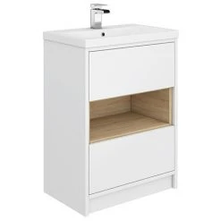 Haywood 600mm Gloss White / Natural Oak 2 Drawer Vanity Unit with Open Shelf + Ceramic Basin | Victorian Plumbing