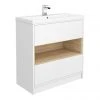 Haywood 800mm Gloss White & Natural Oak 2 Drawer Freestanding Vanity Unit with Open Shelf & Ceramic Basin