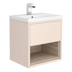 Haywood 500mm Matt Pink & Driftwood Wall Hung Vanity Unit with Open Shelf & Ceramic Basin