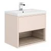 Haywood 600mm Matt Pink & Driftwood Wall Hung Vanity Unit with Open Shelf & Ceramic Basin | Victorian Plumbing