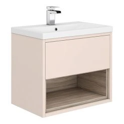 Haywood 600mm Matt Pink & Driftwood Wall Hung Vanity Unit with Open Shelf & Ceramic Basin | Victorian Plumbing