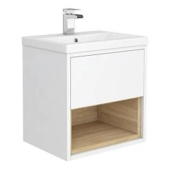 Haywood 500mm Gloss White & Natural Oak Wall Hung Vanity Unit with Open Shelf & Ceramic Basin