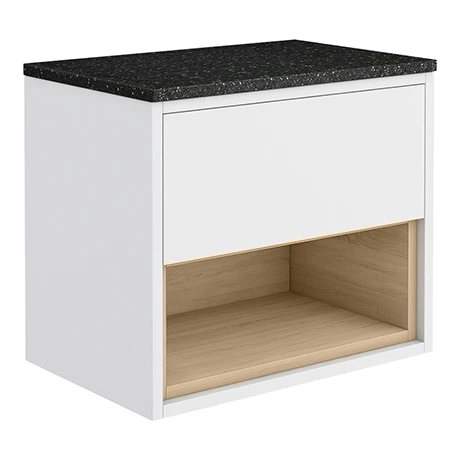 Haywood Gloss White & Natural Oak Wall Hung Vanity Unit - 600mm with Open Shelf & Black Worktop 1 Haywood Gloss White & Natural Oak Wall Hung Vanity Unit - 600mm with Open Shelf & Black Worktop
