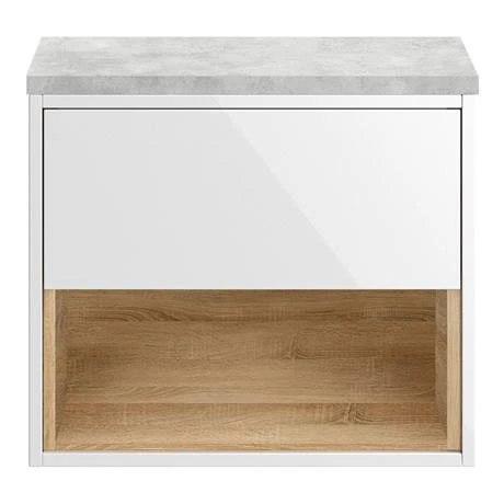Haywood Gloss White & Natural Oak Wall Hung Vanity Unit - 600mm with Open Shelf & Bellato Grey Worktop 2 Haywood Gloss White & Natural Oak Wall Hung Vanity Unit - 600mm with Open Shelf & Bellato Grey Worktop - Image 2