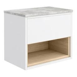 Haywood Gloss White & Natural Oak Wall Hung Vanity Unit - 600mm with Open Shelf & Bellato Grey Worktop
