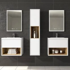 Haywood 600mm Gloss White / Natural Oak Wall Hung Vanity Unit with Open Shelf & Ceramic Basin - Stylish Modern Design -Vanity Units Shop HYWWH6 d1 460