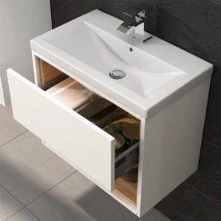 Haywood 600mm Gloss White / Natural Oak Wall Hung Vanity Unit with Open Shelf & Ceramic Basin - Stylish Modern Design -Vanity Units Shop HYWWH6 detail2n 460