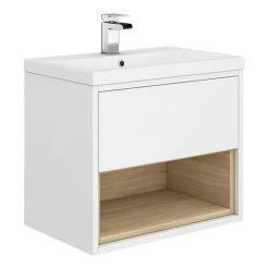Haywood 600mm Gloss White / Natural Oak Wall Hung Vanity Unit with Open Shelf & Ceramic Basin - Stylish Modern Design