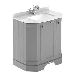 Old London Storm Grey Art Deco 750mm Angled Cabinet with White Marble Basin Top - Freestanding Vanity Unit