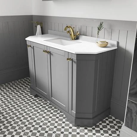 Old London Storm Grey Art Deco 1000mm Angled Cabinet with White Marble Basin Top | Freestanding Vanity Unit 2 Old London Storm Grey Art Deco 1000mm Angled Cabinet with White Marble Basin Top | Freestanding Vanity Unit - Image 2