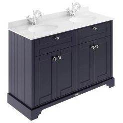 Old London 1200mm Double Sink Vanity Unit with White Marble Top - Twilight Blue
