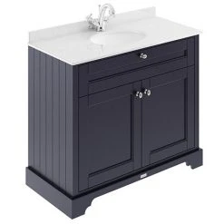 Old London 1000mm Freestanding Vanity Unit with White Marble Top & Twilight Blue Cabinet