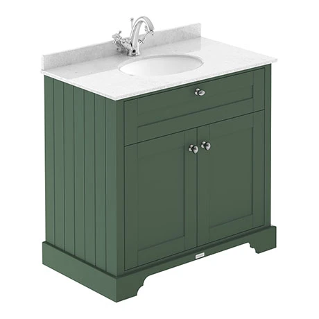 Old London 800mm Freestanding Vanity Unit with Single Bowl White Marble Top - Hunter Green 1 Old London 800mm Freestanding Vanity Unit with Single Bowl White Marble Top - Hunter Green
