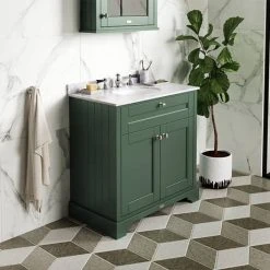 Old London 1000mm Freestanding Vanity Unit with Grey Marble Top & Single Bowl - Hunter Green -Vanity Units Shop LOF878 D2 460