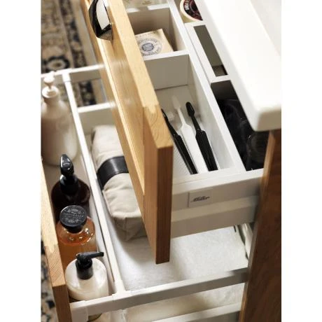 Miller London 120 Wall Hung Four Drawer Vanity Unit with Double Basin - Oak | Modern Bathroom Storage Solution 5 Miller London 120 Wall Hung Four Drawer Vanity Unit with Double Basin - Oak | Modern Bathroom Storage Solution - Image 5