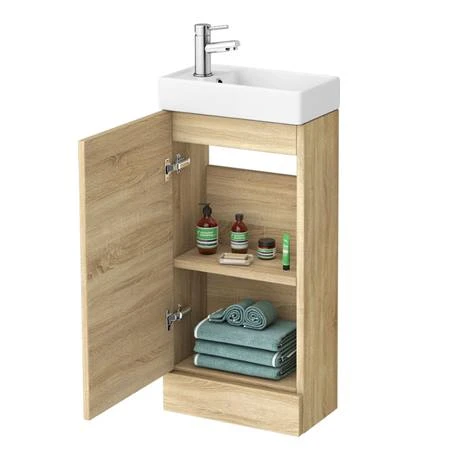 Milan W400 x D222mm Natural Oak Effect Compact Floor Standing Basin Unit | Cloakroom Vanity Unit 4 Milan W400 x D222mm Natural Oak Effect Compact Floor Standing Basin Unit | Cloakroom Vanity Unit - Image 4