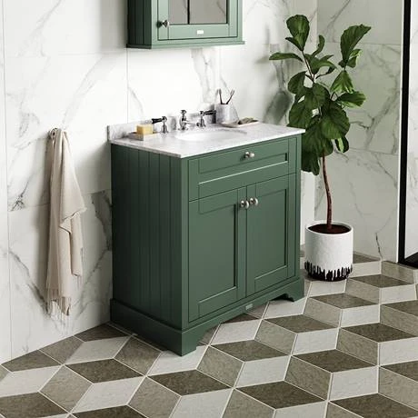 Old London 800mm Freestanding Vanity Unit with Single Bowl White Marble Top - Hunter Green 2 Old London 800mm Freestanding Vanity Unit with Single Bowl White Marble Top - Hunter Green - Image 2