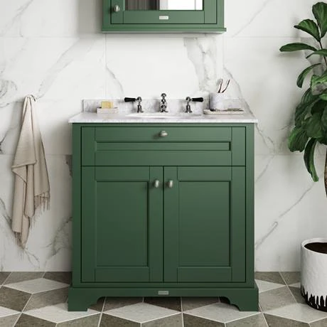 Old London 800mm Freestanding Vanity Unit with Single Bowl White Marble Top - Hunter Green 3 Old London 800mm Freestanding Vanity Unit with Single Bowl White Marble Top - Hunter Green - Image 3